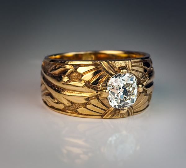 1.10 Ct Diamond Chased Gold Russian Unisex Ring 1910s - Antique Jewelry ...