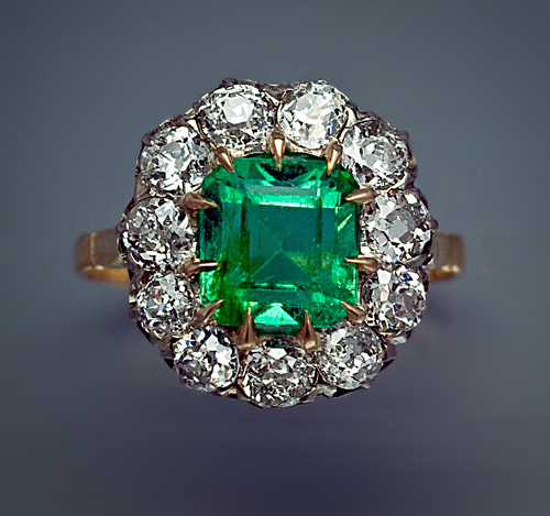 1.75 ct Emerald and Diamond Cluster Ring c.1890 - Antique Jewelry ...