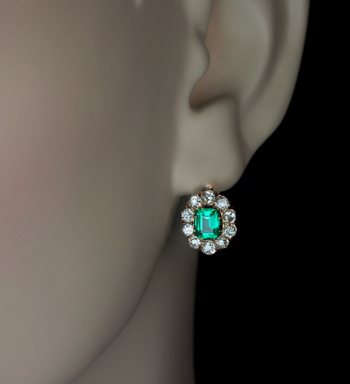 Antique Emerald Diamond Cluster Earrings - Antique Jewelry | Vintage ...