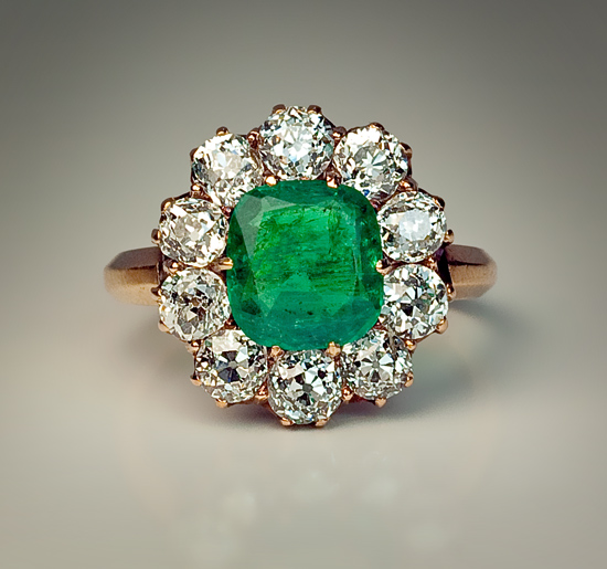 Antique Russian Emerald and Diamond Cluster Ring - Antique Jewelry ...