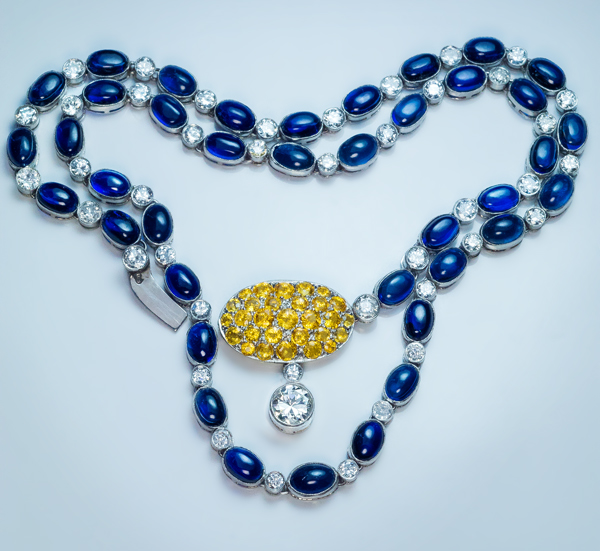 Vintage Sapphire & Diamond Halo Necklace in Gold - Ruby Lane