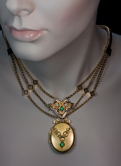 Antique Victorian Gold Emerald Enamel Locket Necklace 1871 - Antique ...