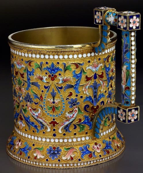 Silberner Glashalter mit Cloisonné Emaille und Vergoldung, 1800er