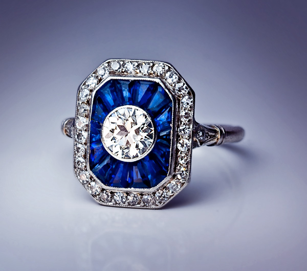 Vintage Diamond Calibre Sapphire French Platinum Ring - Antique Jewelry ...