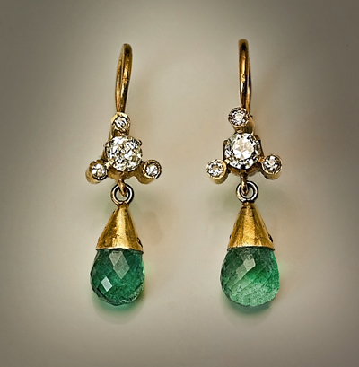 Emerald and Diamond Pendant Earrings | Vintage Briolette Earrings ...