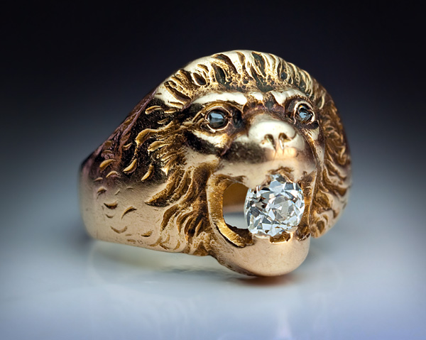 Gold Lion Head Ruby Cubic Zirconia Mens Ring