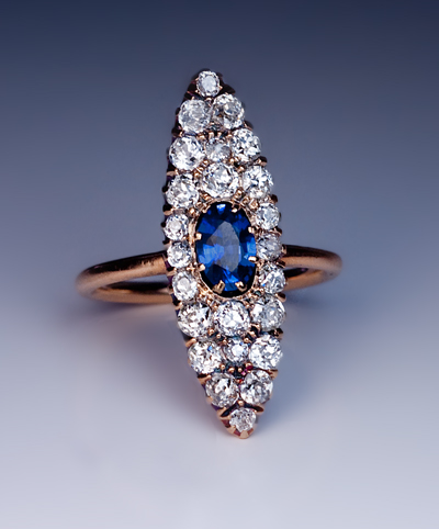 Navette Shaped Diamond Blue Sapphire Ring - Antique Jewelry | Vintage ...