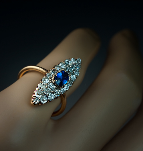 Navette Shaped Diamond Blue Sapphire Ring - Antique Jewelry | Vintage ...