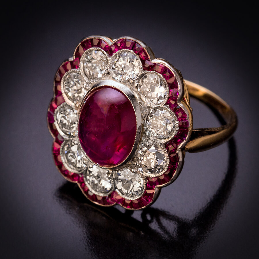 Vintage Pigeon Blood Burma Ruby & Diamond Cluster Ring | Burton's –  Burton's Gems and Opals