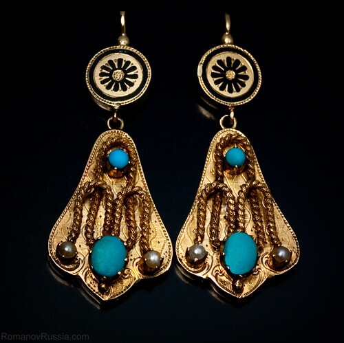 Antique Turquoise Gold Earrings 1867 | Russian Pendant Earrings ...
