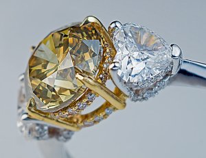fancy color diamond three stone engagement rings