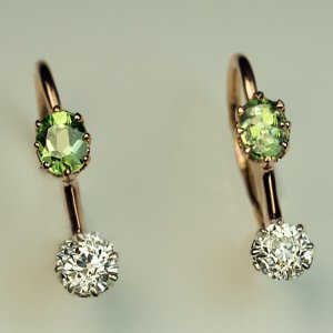 vintage demantoid garnet diamond gold two stone earrings