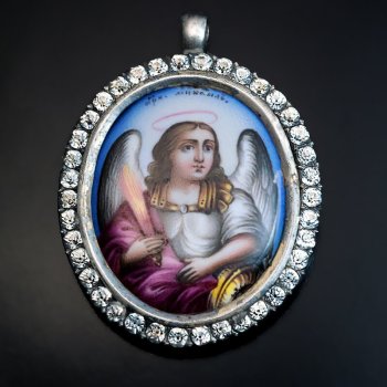antique painted enamel miniature of Archangel Michael set in a silver and paste frame - miniature icons