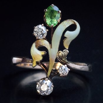 Art Nouveau jewelry - gold, enamel, demantoid and diamond flower ring