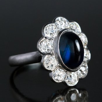 vintage cabochon sapphire diamond platinum engagement ring