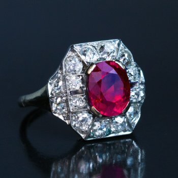 Original Art Deco vintage engagement ring set with natural no heat untreated Burma ruby