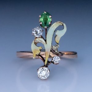 Art Nouveau antique demantoid diamond enamel gold ring