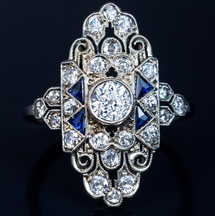 Ornate Art Deco Diamond Sapphire Engagement Ring - Antique Jewelry ...