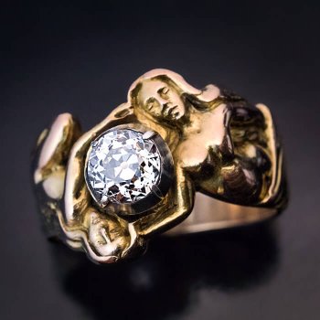Art Nouveau female woman figure jewelry - diamond gold ring -