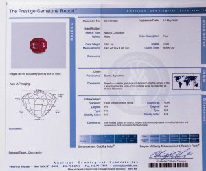 American Gemological Laboratories Prestige Gemstone Ruby Report