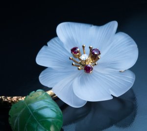 rock crystal and nephrite jade flower brooch