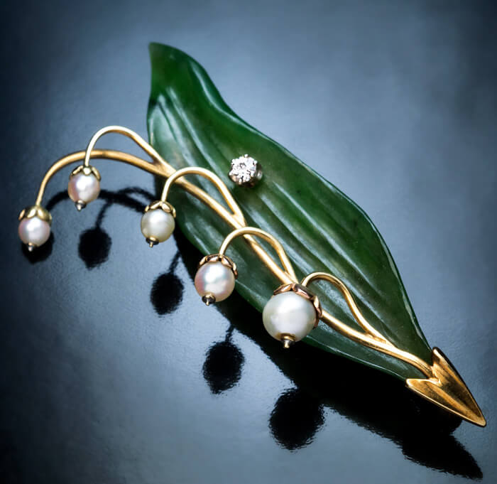 Lily of the Valley Carved Nephrite Pearl Diamond Gold Brooch - Antique ...