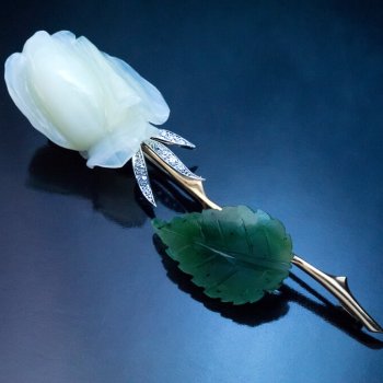 carved white agate nephrite jade rose brooch