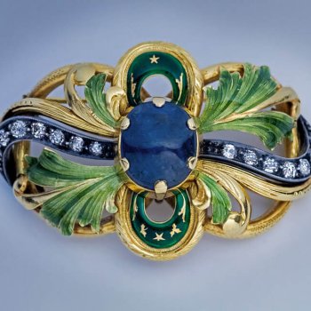 Art Nouveau sapphire, diamond, enamel, gold large brooch pin