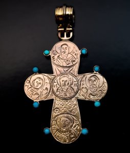 Byzantine style antique gold and turquoise cross pendant