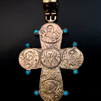 Byzantine style antique gold and turquoise cross pendant