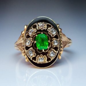 Victorian rings - antique gold, enamel, diamond and demantoid ring late 1800s