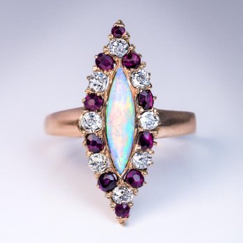 antique ruby diamond opal marquise navette shaped ring