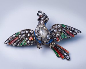 Antique 18th century Georgian rose cut diamond and enamel "bird of paradise" brooch