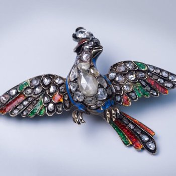 Antique 18th century Georgian rose cut diamond and enamel "bird of paradise" brooch