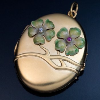 Art Nouveau enamel and gold flower locket pendant