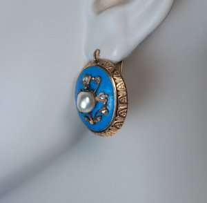 Antique Victorian Earrings - pearl, blue enamel, diamond, gold earrings