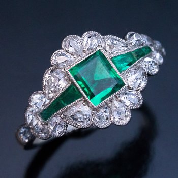 Vintage Art Deco milgrain platinum emerald diamond engagement ring