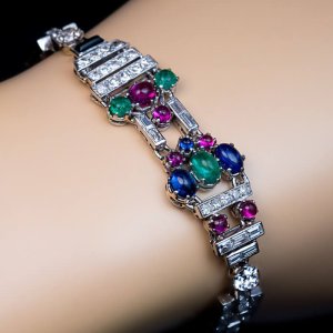 Art Deco vintage tutti frutti platinum diamond emerald ruby sapphire bracelet