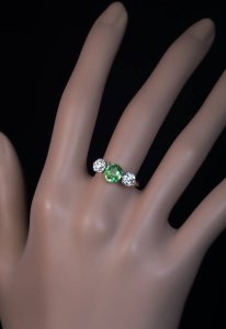 demantoid and diamond three stone ring
