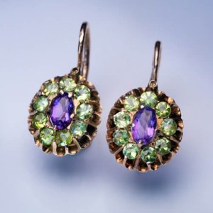 antique demantoid and amethyst gold cluster earrings