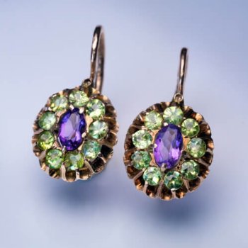 antique demantoid and amethyst gold cluster earrings