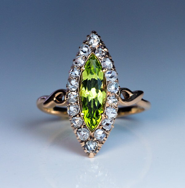 Antique Peridot Diamond Navette Shaped Gold Ring - Antique Jewelry ...