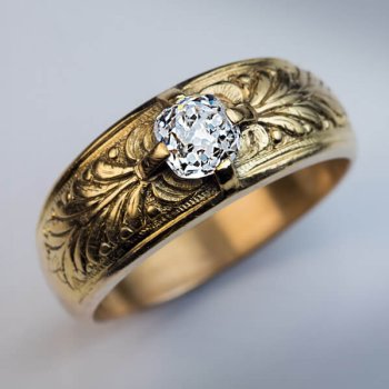 antique old cushion cut diamond chased and engraved gold mens ring