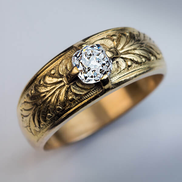 Antique 0.62 Ct Diamond Chased Gold Mens Ring - Antique Jewelry ...