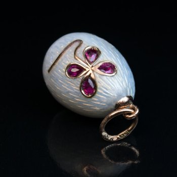 original Faberge miniature egg pendant - white guilloche enamel and ruby flower