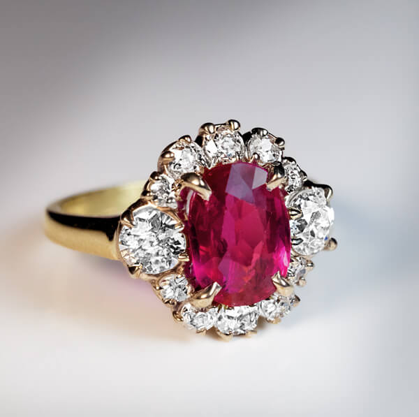 Vintage Style Burma Ruby Halo Engagement Ring 78 CT  Vintage Diamond Ring