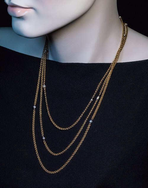 Antique 64 in. Long Gold Chain Necklace with Pearls - Antique Jewelry ...