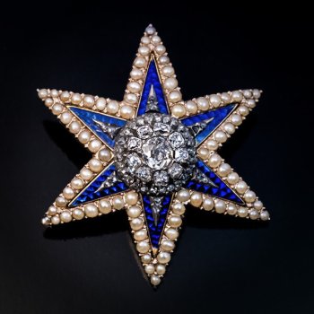 19th century Victorian royal blue guilloche enamel, diamond and pearl star shaped brooch - pendant