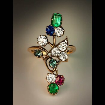 Art Nouveau gemstone flower ring set with emerald ruby sapphire alexandrite and diamond