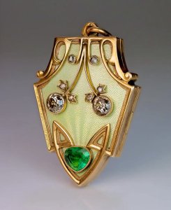 Art Nouveau Jewelry - antique gold, guilloche enamel, emerald, diamond locket pendant